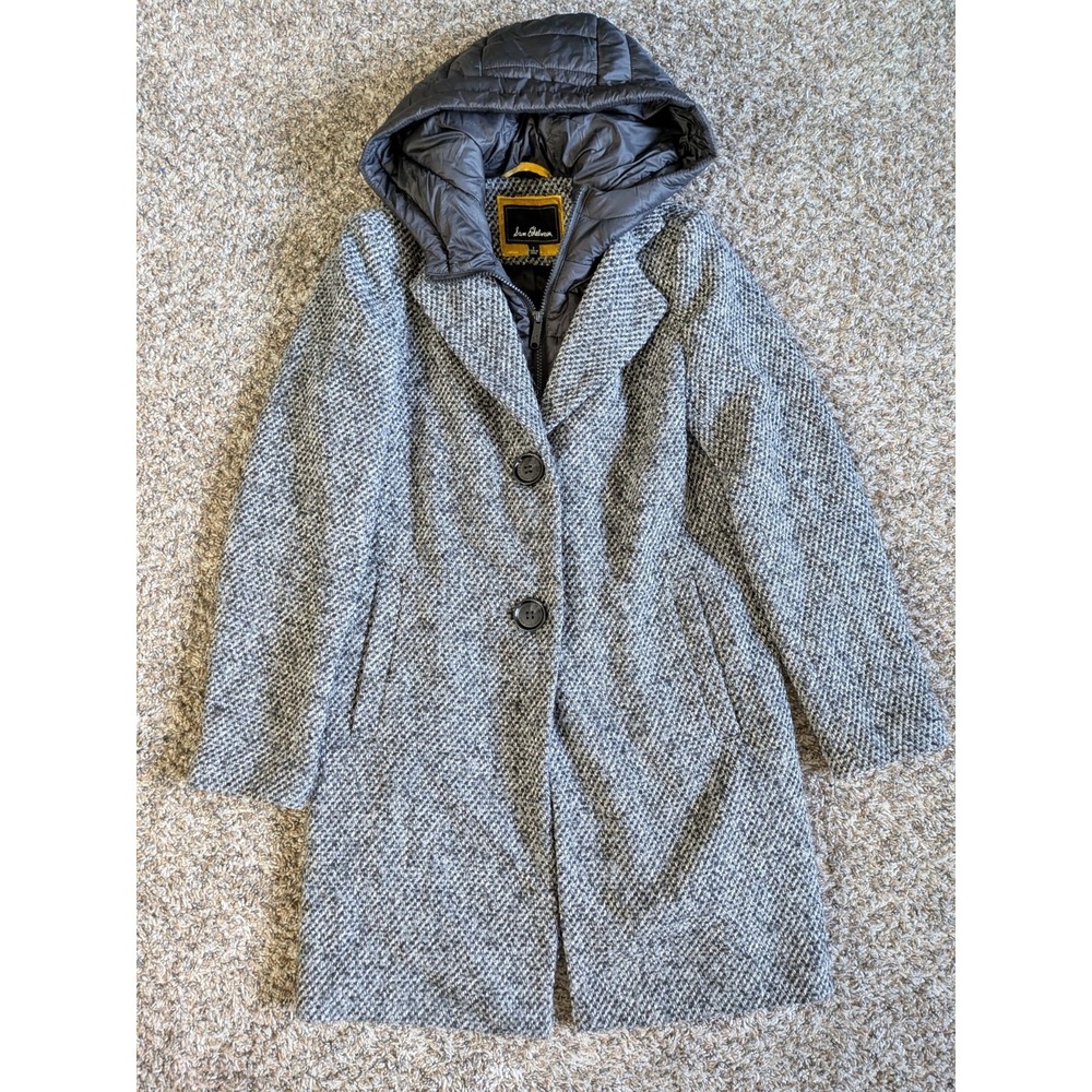 Sam Edelman Wool Blend Overcoat Hooded Gray Herringbone‎ Size 2 City Posh Jacket